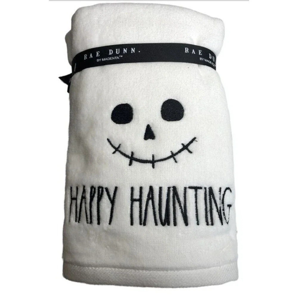 Rae Dunn Halloween Set of 2 Hand Towels Happy Haunting Skull Embroidered Spooky